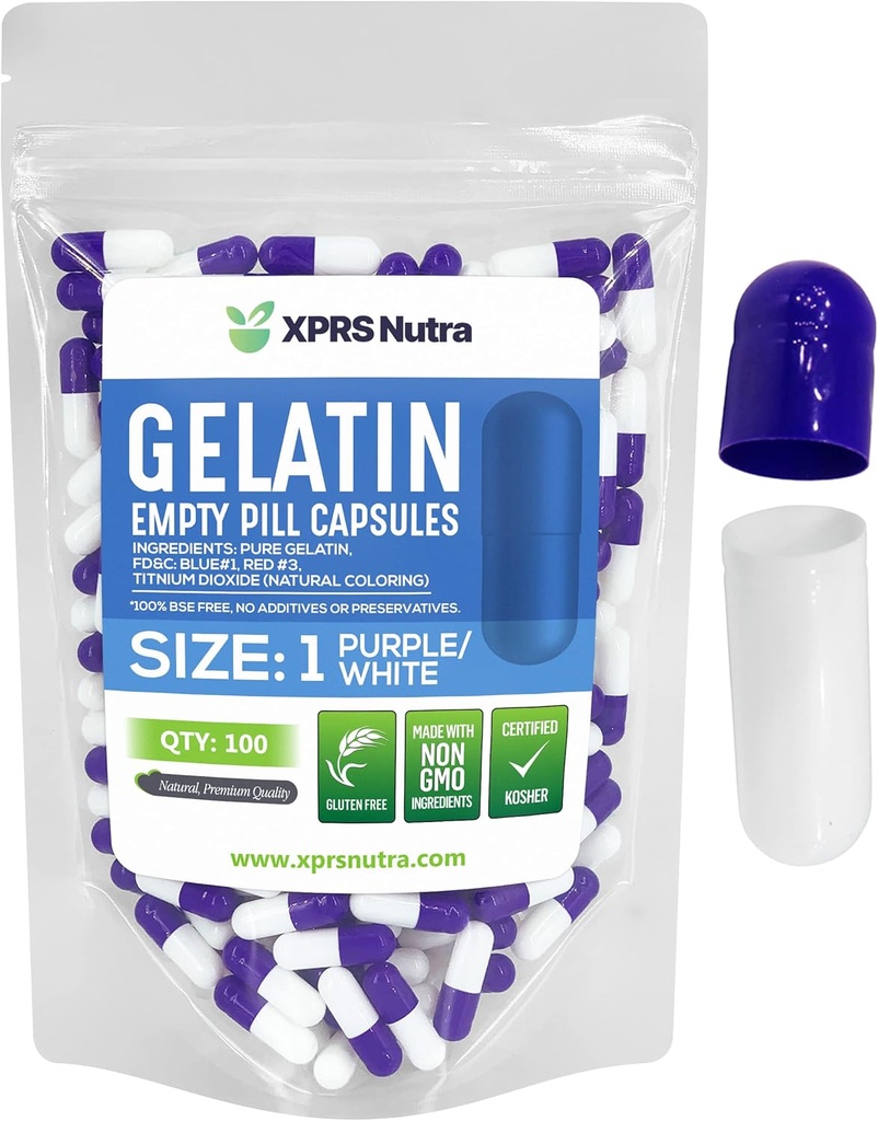 XPRS Nutra Størrelse 1 Tomme kapsler - 100 Tomme Gelatine kapsler - Pille gør det - Pure Bovin Pill Gel Caps til Do- It- Yourself Kosttilskud (lilla / hvid)