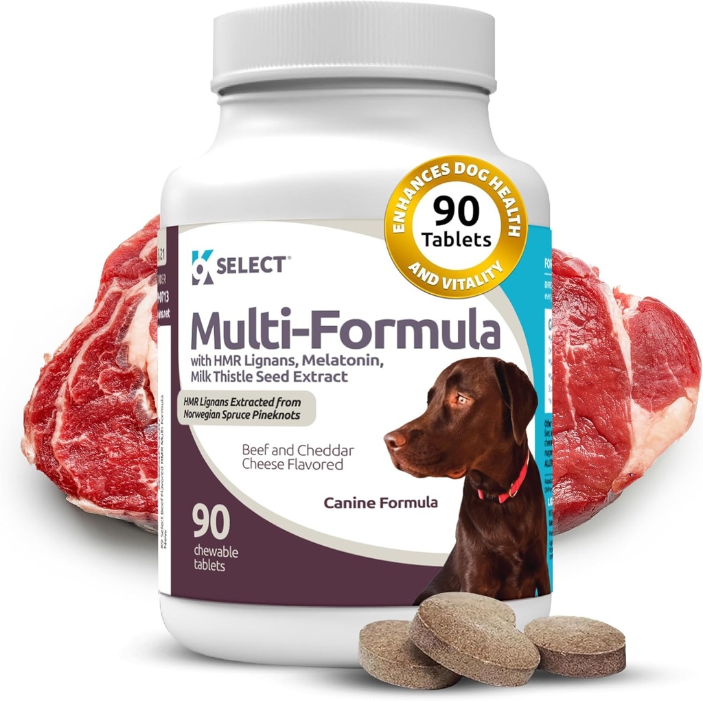 K9 Select Multi-Formula Dog Vitamins for Large Dogs - 30mg HMR Lignans, 3mg Melatonin, 60mg Milk Thistle - Helps Heart, Liver, Digestion, Skin & Coat Health, Dog Multivitamin, 90 Tablets, Beef Flavor