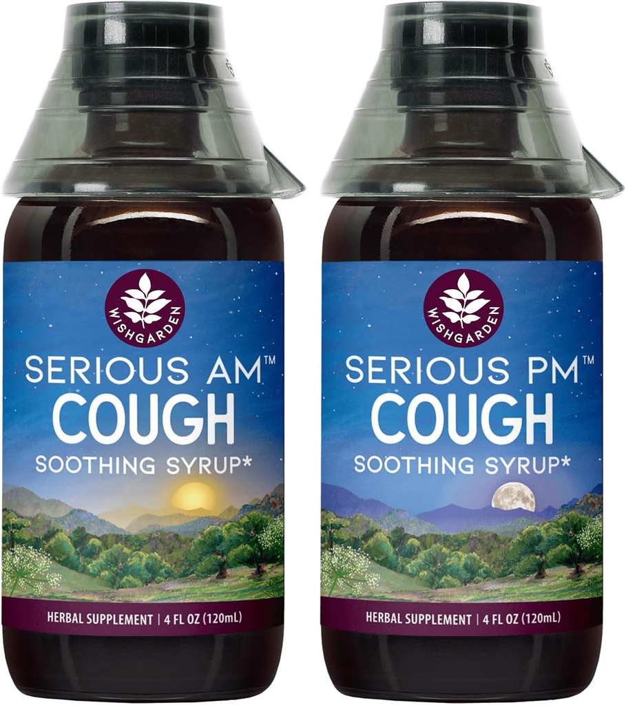 WishGarden urter Alvorlig hoste AM & PM Syrup - Alvorlig AM Non- Drowsy Hough Syrup + Alvorlig PM Hough Syrup understøtter rolig søvn mens quieting tørre eller vådt hoste, 4oz bundle