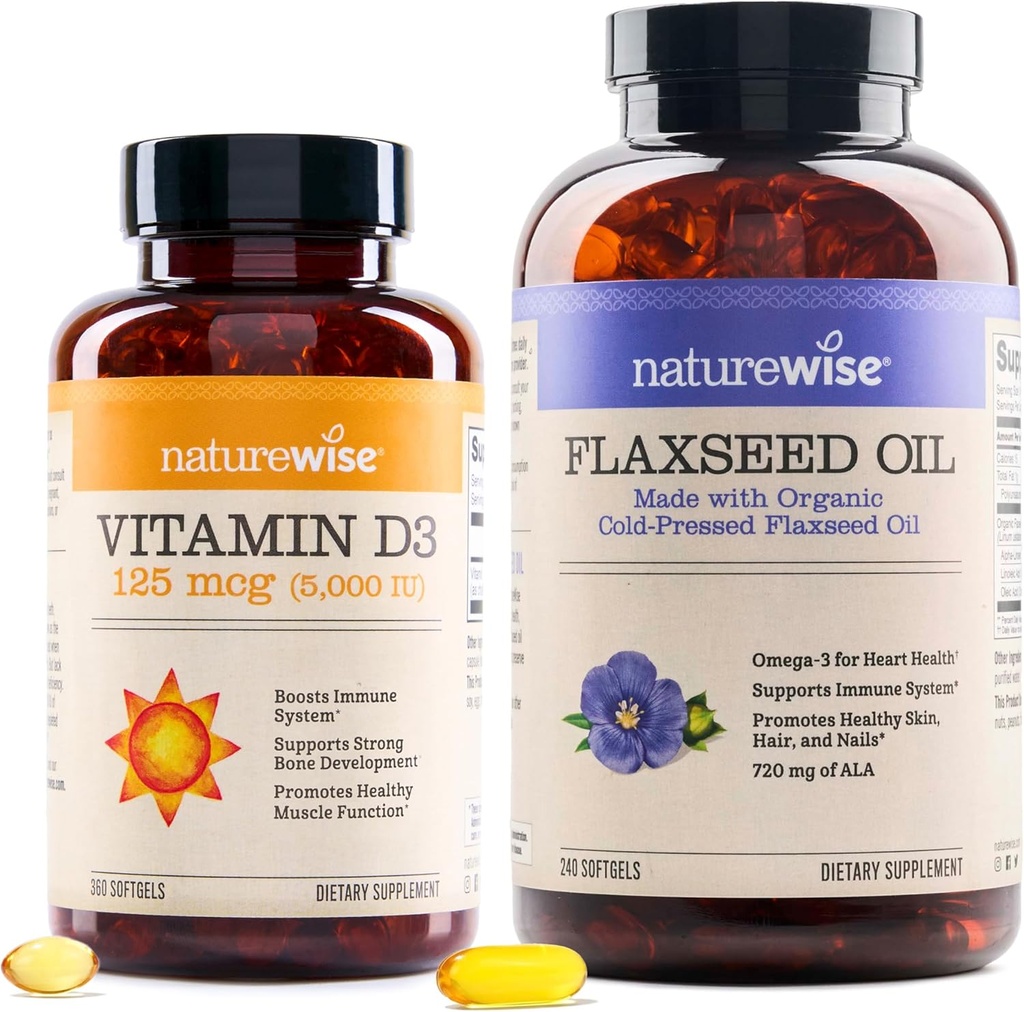 NatureWise Vitamin D3 5000iu (125 mcg) 1 År Tilgang til sund muskelfunktion, og immunstøtte Økologisk hørfrø Olie Max 720mg ALA