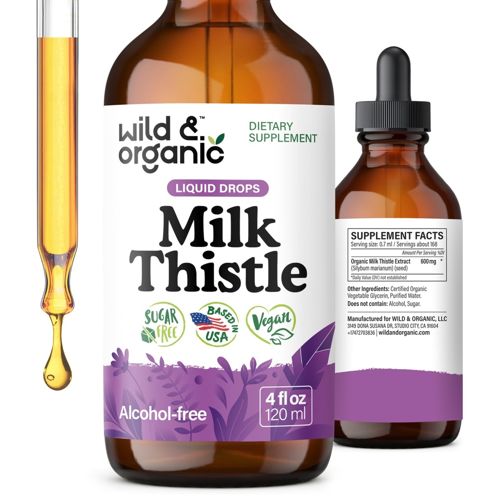 Wild & Organic Milk Thistle Liquid Drops - Lever Cleanse Detox - Silymarin Milk Thistle supplement til leverstøtte - Silybum Marianum Seed Extract tinktur - Vegan, Sukker & Alkohol- Free - 4 fl oz
