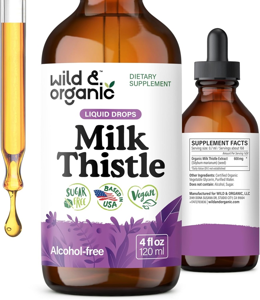 Wild & Organic Milk Thistle Liquid Drops - Lever Cleanse Detox - Silymarin Milk Thistle supplement til leverstøtte - Silybum Marianum Seed Extract tinktur - Vegan, Sukker & Alkohol- Free - 4 fl oz