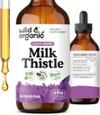 Wild & Organic Milk Thistle Liquid Drops - Lever Cleanse Detox - Silymarin Milk Thistle supplement til leverstøtte - Silybum Marianum Seed Extract tinktur - Vegan, Sukker & Alkohol- Free - 4 fl oz