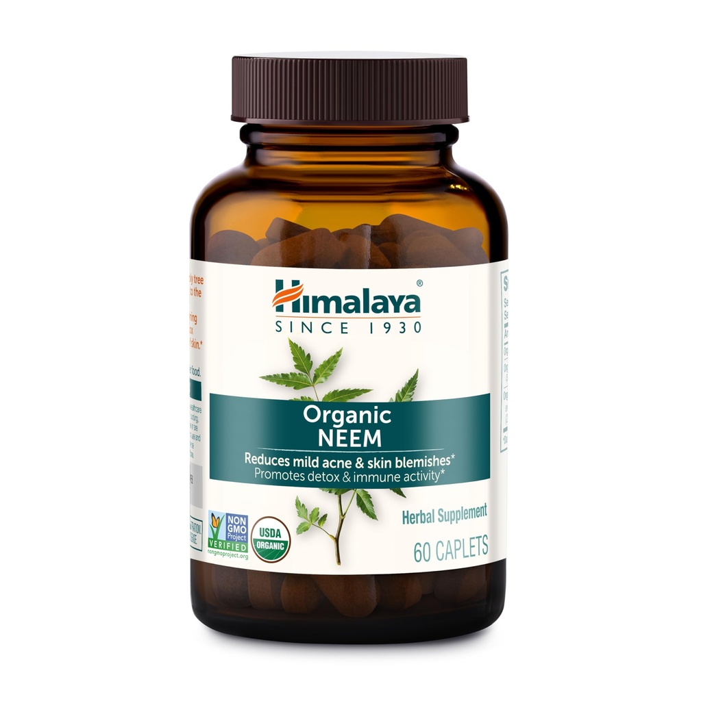 Himalaya Organic Neem, 60 Day Supply - Urte Acne kosttilskud støtte klar hud og afvænning - USDA Organic, Vegan, Non- GMO, Gluten Free, 600 mg, 60 Caplets