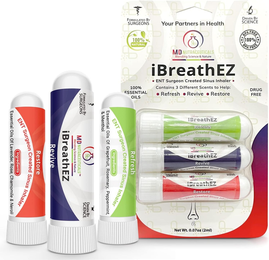 iBreathEZ Nasal Sinus Inhaler Kit Formuleret af ENT Kits med essentielle olier til energi, stress, dekongesting & kold eller allergy Relief (3 Pack)