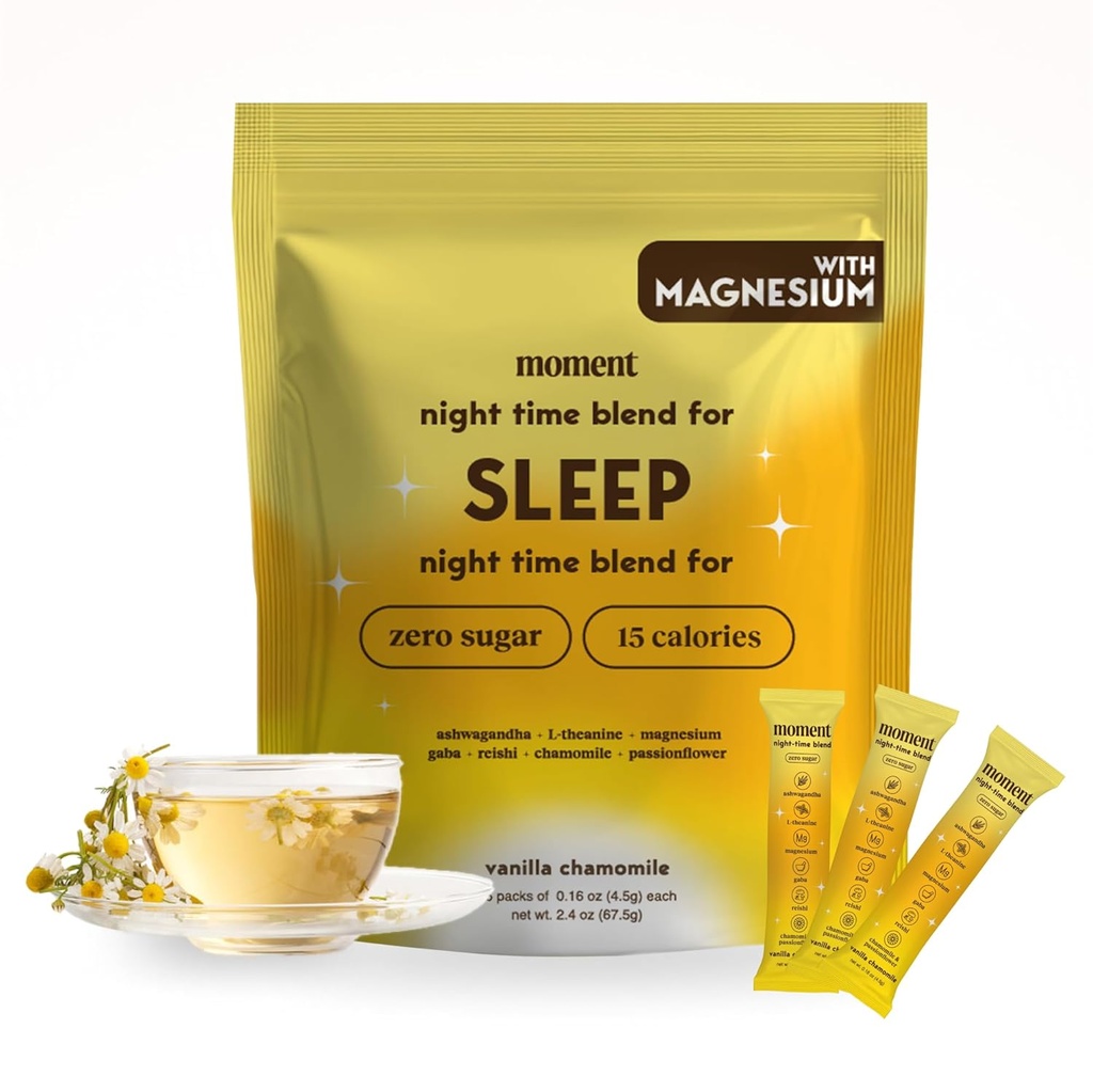 Moment dvalete (SHARK TANK) - 124; Vanilla Chamomile - 124; Melatonin Alternativ - 124; 0 Sukker - 124; Lav kalorie - 124; 0 Koffein - 124; Svampe - Drink - 124; Adaptogens, Reishi, GABA, Magnesium, Chamomile - 124; Keto - 124; 15 Servering