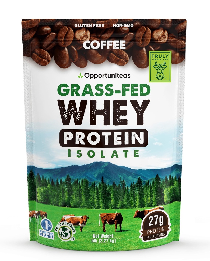 Opportuniteas Grass Fed Coffee Whey Protein Isolate Powder - 27g Protein Powder uden kunstige sødestoffer, 60mg Koffein, Hormon-Free Cows - 5lb