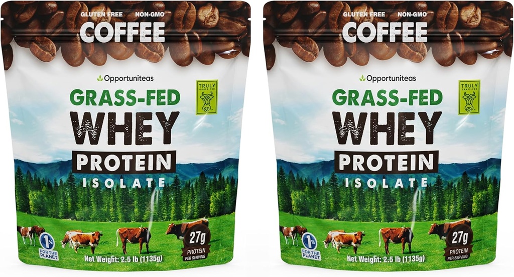 Opportuniteas Grass Fed Coffee Whey Protein Isolate Powder - 27g Protein Powder uden kunstige sødestoffer, 60mg Koffein, Hormon-Free Cows - 5lb