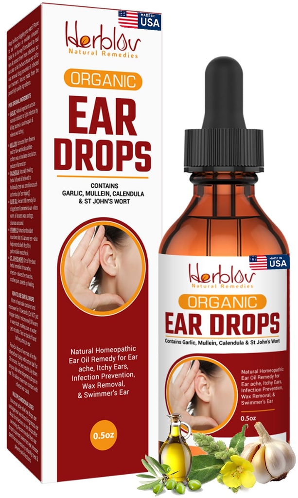 Organic Ear Oil for Ear Infektioner - Natural Eardrops for Infektion Prevention, Swimmers Ear & Wax Removal - Børn, Voksne, Baby, Hunde Earache Remedy - med Mullein, Hvidløg, Calendula, Made in USA