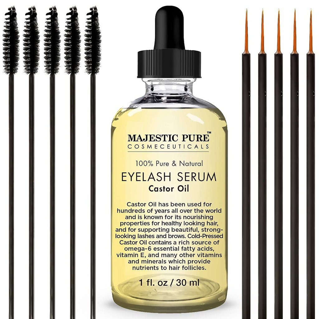 Majestic Pure Castor Oil Eyelash Serum - med Apple & Argan Stem Cells - Eyelash Growth Serum for længere tykkere Eyelash, Øjenbryn & Hår - Gratis sæt af Mascara Brush & Eyeliner Applicator - 1 fl oz