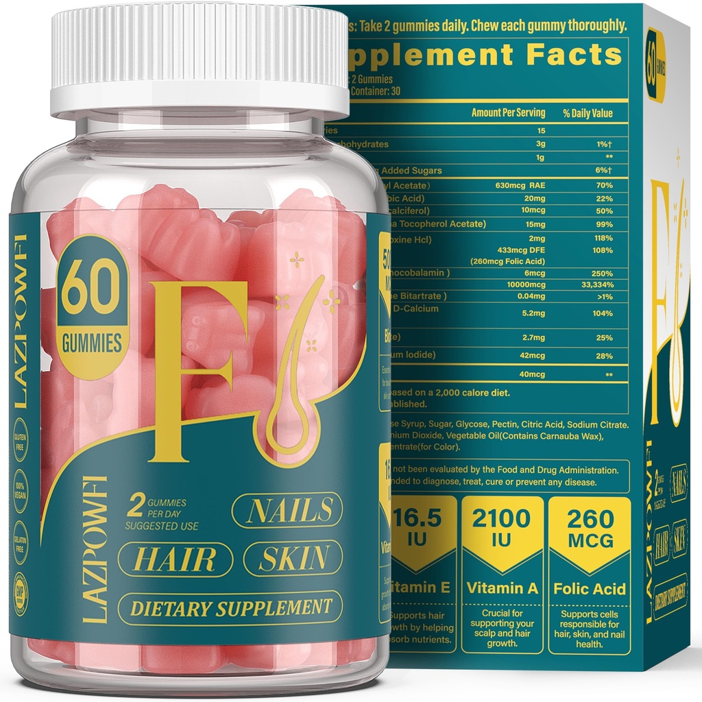 Biotin Gummies - Hår Hud og negle Vitaminer til mænd og kvinder, Vegansk vitamin B7, understøtter hårvækst og stærkere negle, 30 dages forsyning - Raspberry-60 Greve