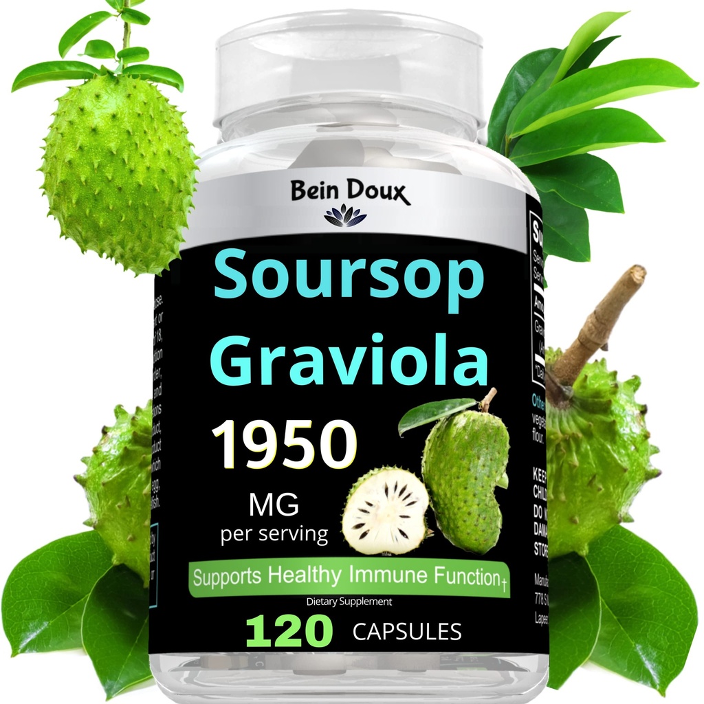 1950mg Soursop Graviola Kapsler (Guanábana) Organic Blads Powder Rich in Potent Antioxidants - 120 Kapsler 40 Servere