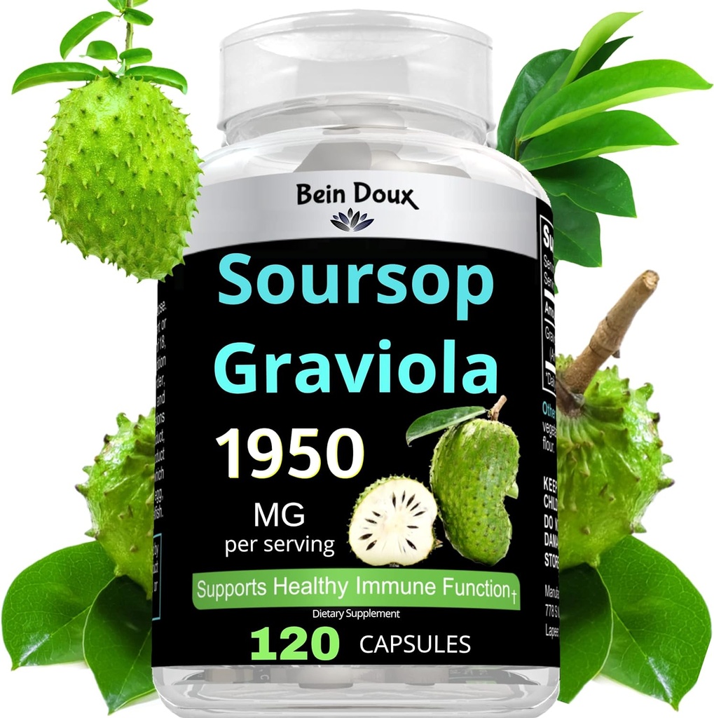 1950mg Soursop Graviola Kapsler (Guanábana) Organic Blads Powder Rich in Potent Antioxidants - 120 Kapsler 40 Servere