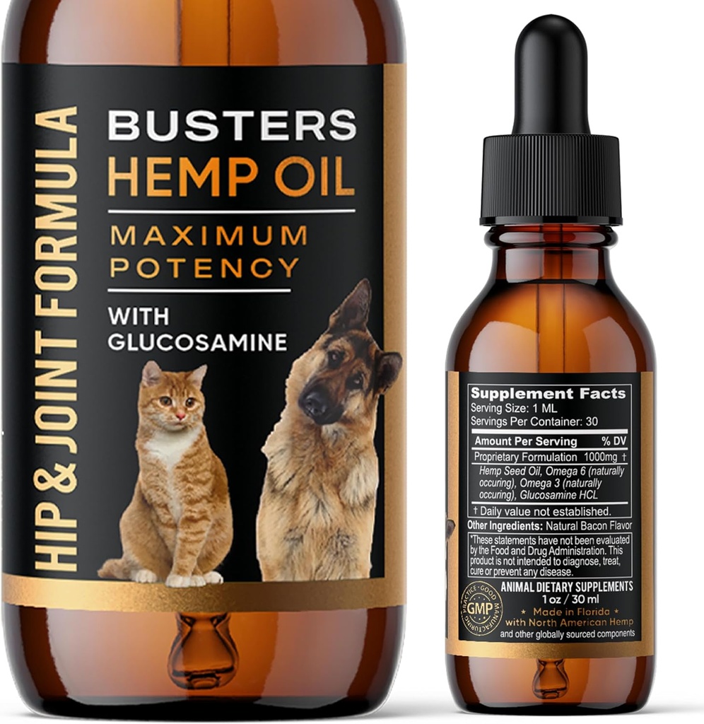 Busters Hip og fælles Hamp Oil Formel beriget med glucosamin, smertestillende for hunde og kæledyr, Gigt, og avanceret mobilitetsstøtte