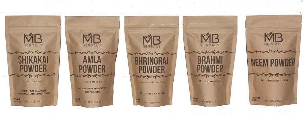 MB Herbals Hår Care Powders COMBO Pack- 124; Shikakai - 124; Neem - 124; Brahmi - 124; Amla - 124; Bhringaraj - 124; Powders - 124; 100 Grams - hver - 124; Til Hår - Pack- 124; Kun til ekstern brug