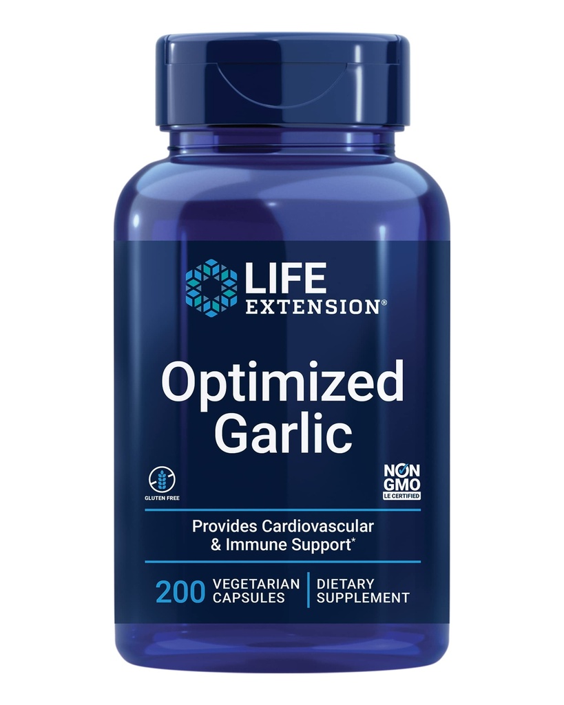 Life Extension Optimeret hvidløg, standardiserede kapsler til hjerte sundhed, immunstøtte, cellular afgiftning og sund trombocytfunktion, Gluten- fri, Non- GMO, Vegetar, 200 kapsler