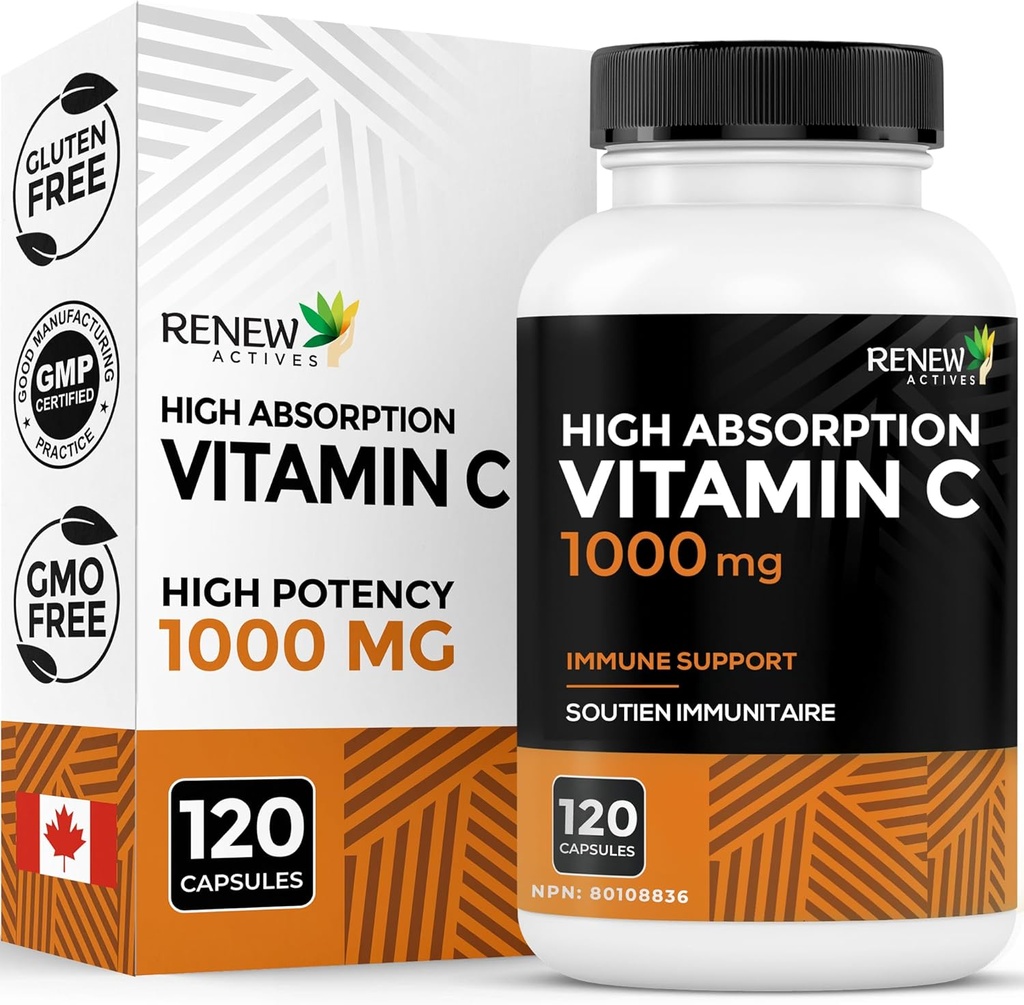 GENNEW AKTIVITETER Maksimal styrke Vitamin C 1000MG per servering - Antioxidant & immunbooster for total sundhed, knogler, tænder og tandkød - Non-GMO, sukkerfri, 4-måned forsyning - Made in Canada - 120 kapsler