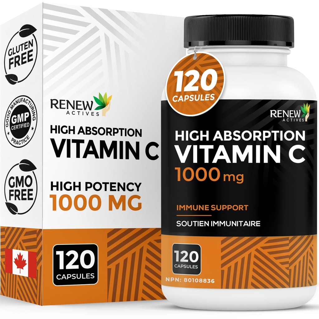 GENNEW AKTIVITETER Maksimal styrke Vitamin C 1000MG per servering - Antioxidant & immunbooster for total sundhed, knogler, tænder og tandkød - Non-GMO, sukkerfri, 4-måned forsyning - Made in Canada - 120 kapsler