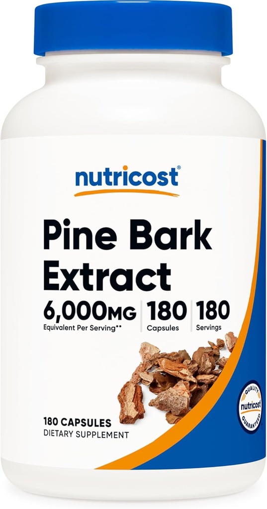 Nutricost Pine Bark Extract 6000mg Ækvivalent (fra 300mg af 20: 1 Uddrag), 180 Kapsler, Standardiseret til at indeholde 95% Proanthocyanidin - Vegetarisk, Non- GMO og Gluten Free