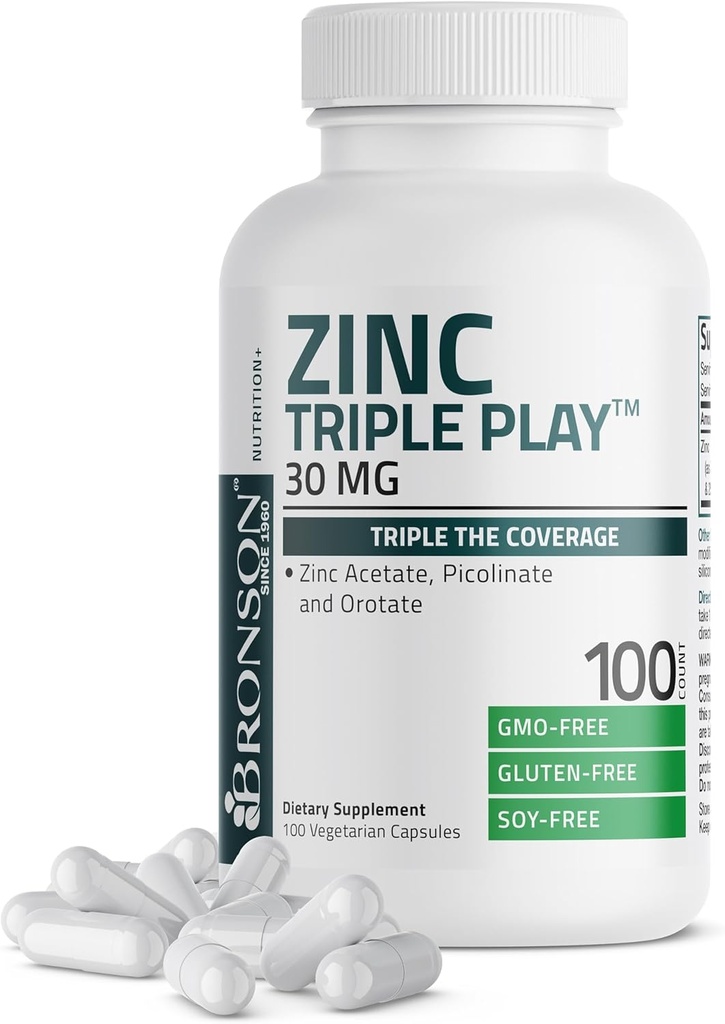 Bronson Zink Triple Play 30 mg Triple Coverage immunforsvar med Zinkacetat, Picolinate & Oroter - immunforsvar, antioxidant & hudhygiejne support - 100 vegetariske kapsler