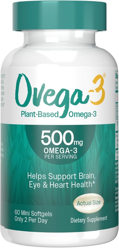 AVEGA-3 Plant- baseret OMEG-3 fra Algal Oil Daily Supplement, 500mg, Understøtter hjerne, Eye & Heart Health, To mini softgel per dag, 60 Greve