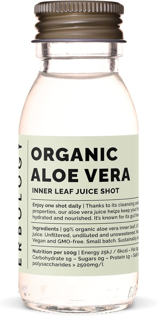 Erbologic Organic Aloe Vera Juice 12 Daily Shots (2 fl oz) - Immunity Support and Detox - from Inner Leaf - Straight from Farm in Spain - Ufortyndet - No Added Sugar - Non- GMO - Recyclable Glass Bottle