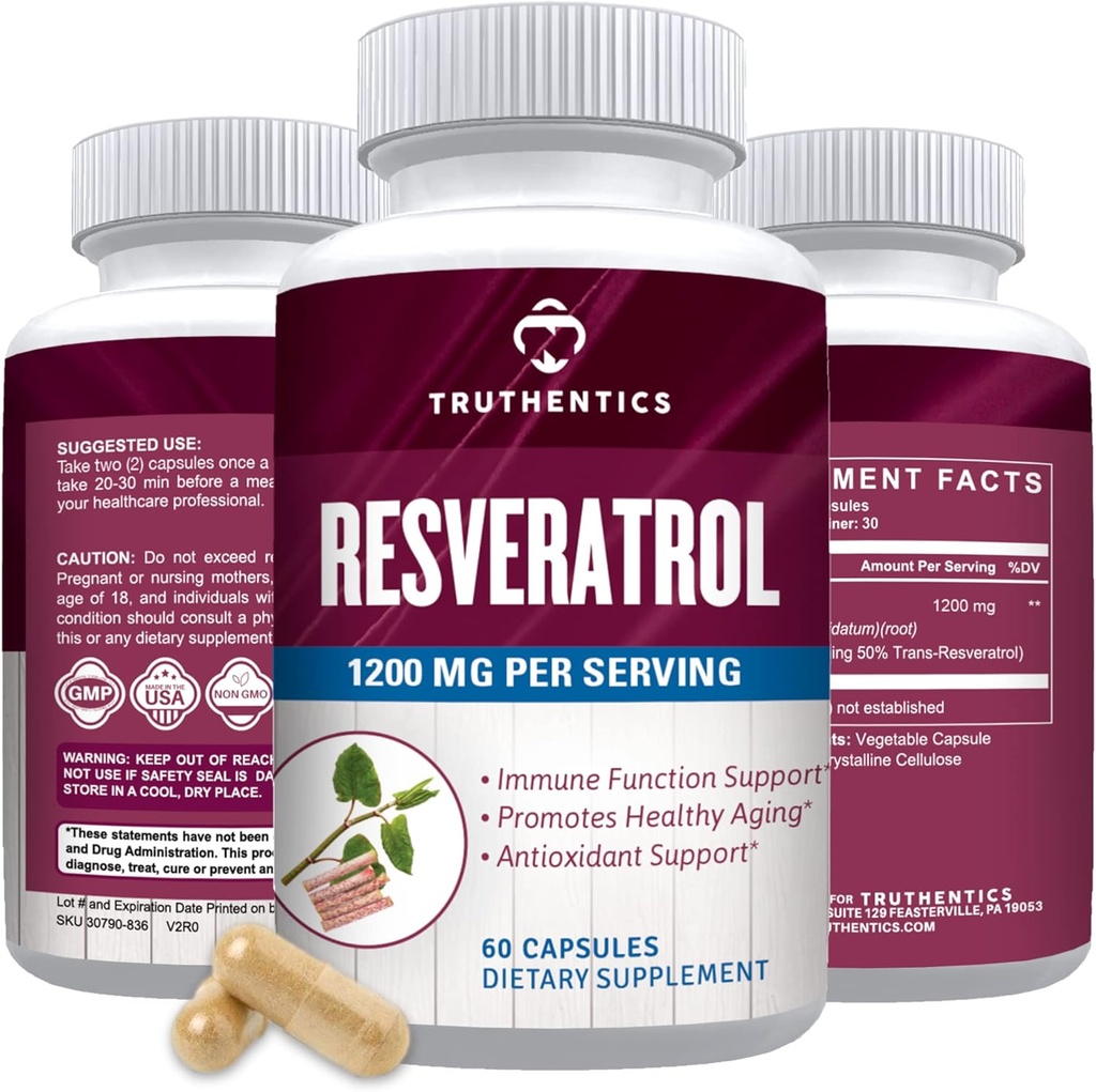 TRUTHENTICS Resveratrol Supplement 1200mg - Japanske Knotuterkapsler - Høj potens Trans Resveratrol Nutritional Kosttilskud til sund aldring, livlig hud og immunforsvar - 60 Veganske kapsler