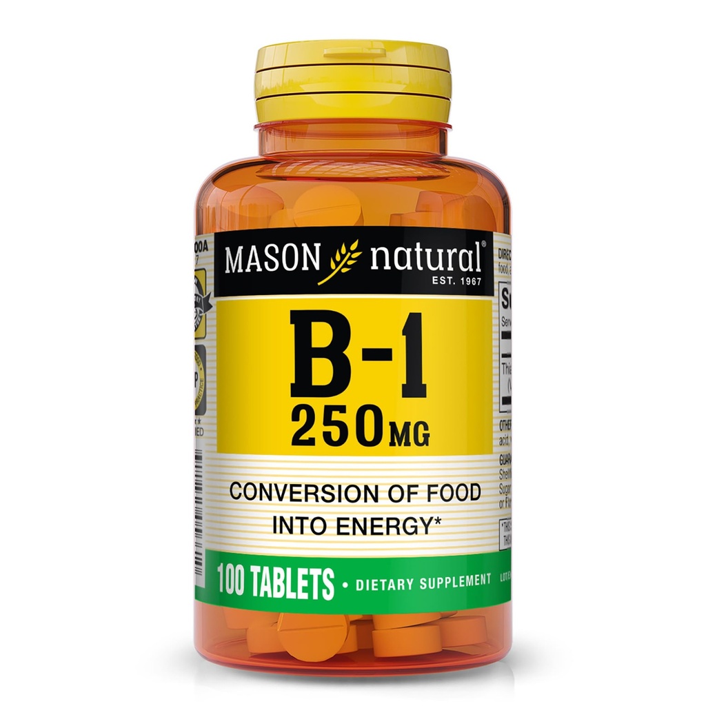 MASON NATURAL Vitamin B, 1 Thiamin 250 mg, 100 dages kosttilskud, let, at, Sluge tabletter, Support Energy Production & Sund Metabolisme
