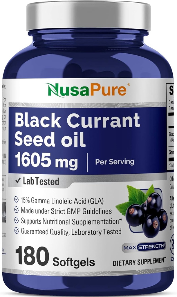 NusaPure Black Currant Seed Oil 1605 mg Gamma linolsyre (GLA) 15% 180 Softgels (non-GMO, soyfree)