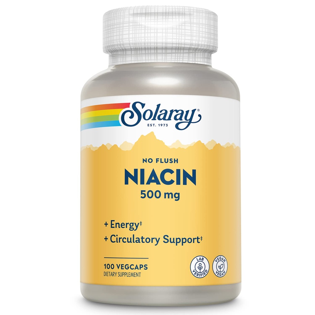 SOLARAY No Flush Niacin 500mg, Flush-Free Vitamin B3 Niacin, Energi og Circulatory System Support, Vegan, Lab Verified, 60- Day Money- Back Garanti, 100 Servere, 100 VegCaps