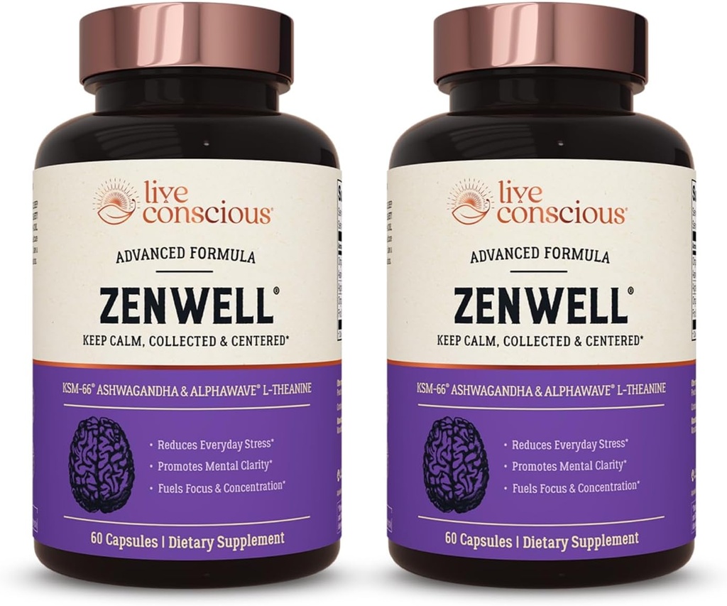 Live KSM- 66 Ashwagandha tillæg w / L Theanine & AlphaWave - ZenWell Everyday Stress Relief, Cognitive, Brain Health - Ashwagandha til mænd og kvinder - 60 kapsler (2 - Pack)