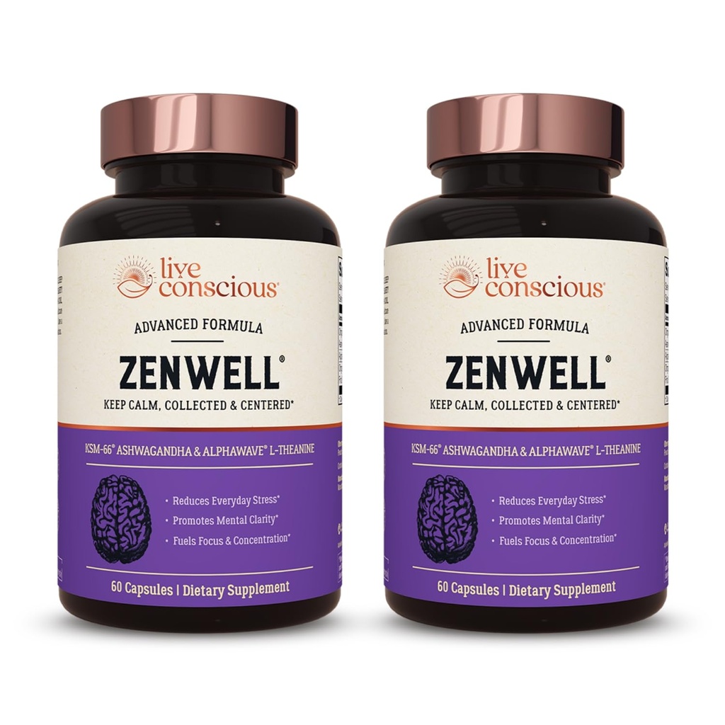 Live KSM- 66 Ashwagandha tillæg w / L Theanine & AlphaWave - ZenWell Everyday Stress Relief, Cognitive, Brain Health - Ashwagandha til mænd og kvinder - 60 kapsler (2 - Pack)