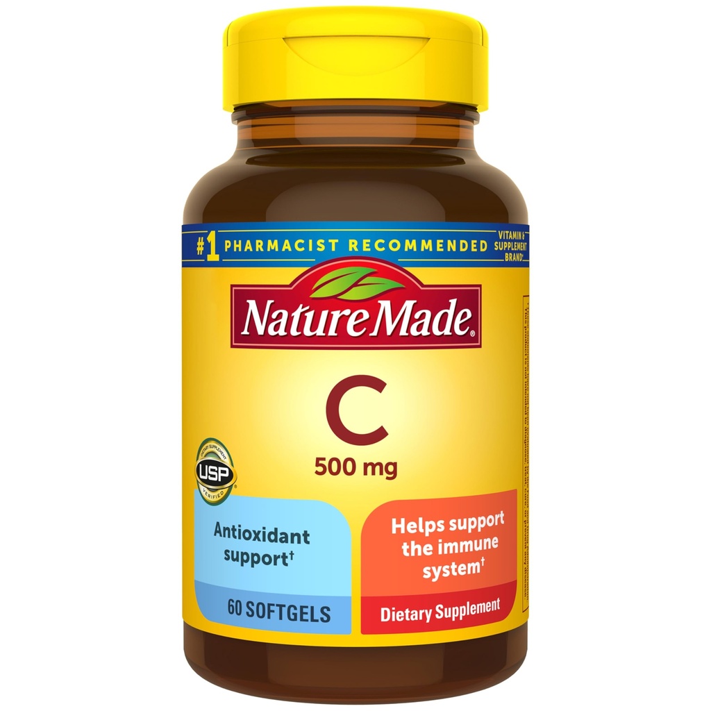 Nature Made C-vitamin 500 mg, Kosttilskud til immunforsvar, 60 Softgels, 60 dages forsyning