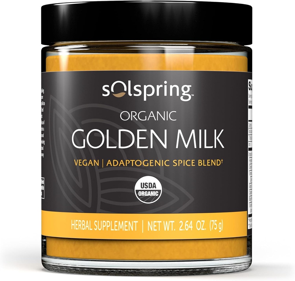 Mercola Solspring Organic Golden Milk Herbal Supplement, 2,64 Oz. (75 g), Vegan Spice Blend med gurkemeje & Ginger, Ikke GMO, Gluten Free, Soy Free, USDA Organic