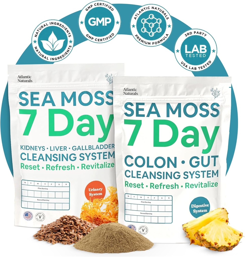Atlantic Naturals Sea Moss 7- Day Fuld Krop Cleanse Detox Bundle, Colon Cleanse Powder med Psyllium Husk Senna Powder & Organic Sea Moss Powder Nyre, Lever, Gallablære, Ananas Flavor Drikke Mix