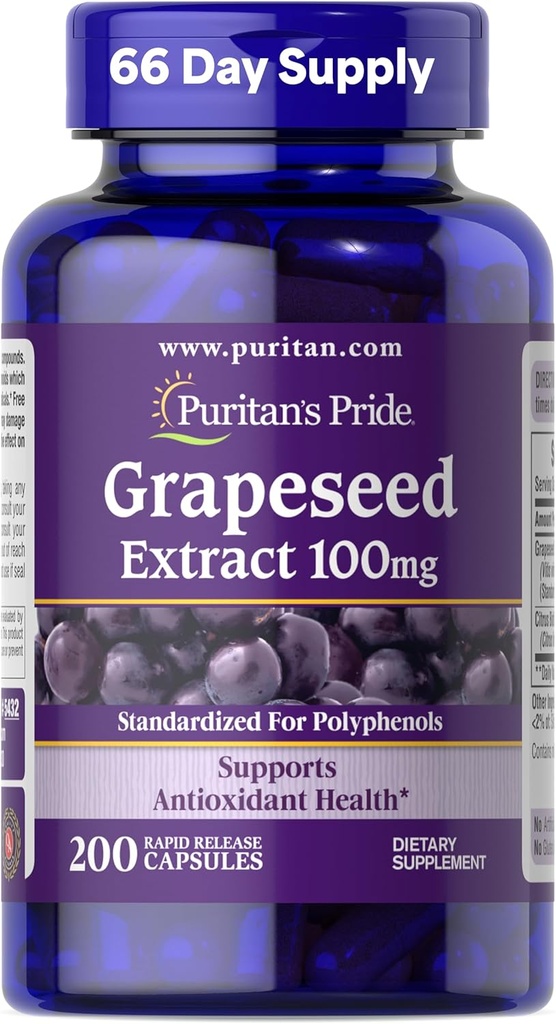 Puritan 's Pride Grapeseed Extract 100mg med Citrus Bioflavonoid Complex, Kosttilskud til antioxidant og Heart Health Support, 200 hurtige release kapsler
