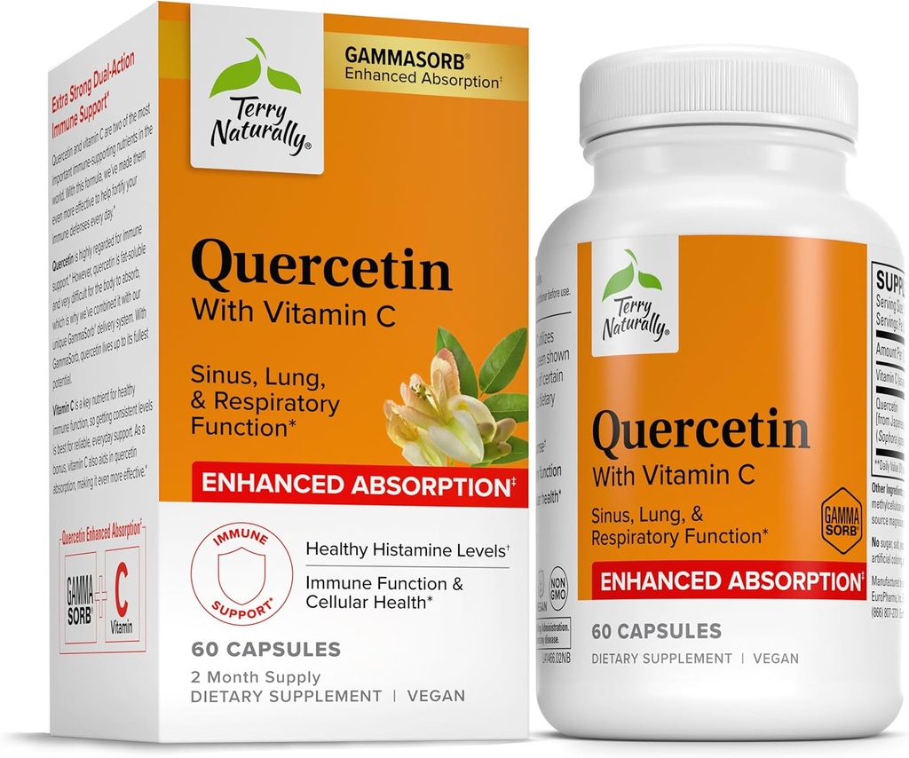 Terry Naturally Quercetin with Vitamin C Enhanced Absorption - Quercetin Supplement for Immune Support & Cellular Health - Respiratory Supplement for Sinus & Lung Health - 60 Capsules
