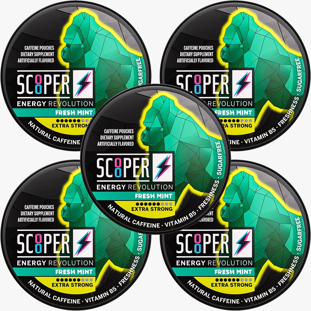 Scooper Energy Fresh Mint • 124; Extra Strong • 80mg • Koffein • 124; Energy Pouches • Sugarfree • 124; 5 Pack (12 stk / kan)