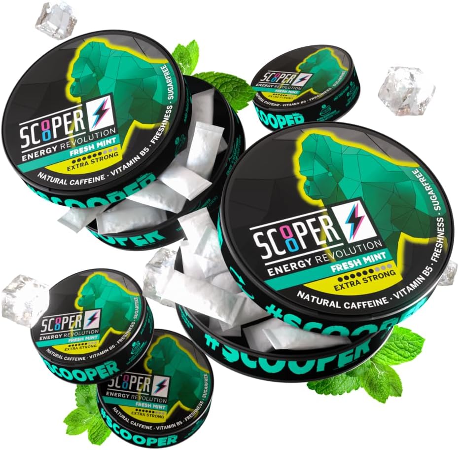 Scooper Energy Fresh Mint • 124; Extra Strong • 80mg • Koffein • 124; Energy Pouches • Sugarfree • 124; 5 Pack (12 stk / kan)
