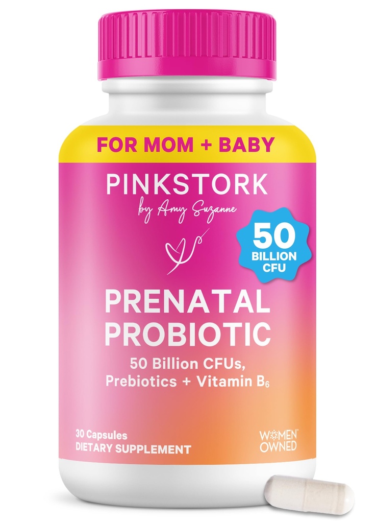 Pink Stork Prenatal Probiotika til kvinder - 50 Millioner CFU, Vitamin B6, Prebiotika, Morgenkvalme, Gut Microbiome, Graviditet Probiotika, Immunstøtte, Graviditet skal hade - 30 kapsler