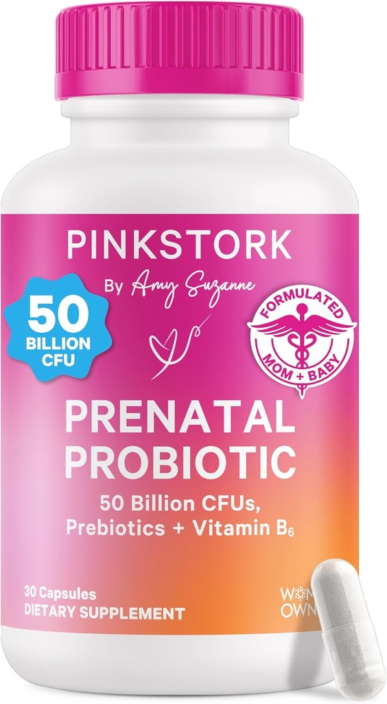 Pink Stork Prenatal Probiotika til kvinder - 50 Millioner CFU, Vitamin B6, Prebiotika, Morgenkvalme, Gut Microbiome, Graviditet Probiotika, Immunstøtte, Graviditet skal hade - 30 kapsler