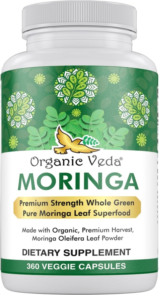 Organic Veda Moringa Leaf Powder Capsules, 1000mg, 360 Count - True Green Native Organic Moringa Oleifera, Premium Strength Nutrient Dense 100% Pure Leaves - Energy, Sleep & Immunity Support - Vegan