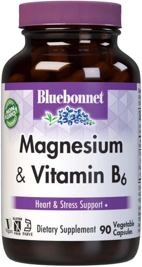 Bluebonnet Nutrition Magnesium & B6 - 400 mg Magnesiumoxid & aspartat med vitamin B6 25 mg - Heart & Brain Magnesium Complex for Women & Men * - Non- GMO, Vegan, Glutenfri - 90 Vegetabilske kapsler