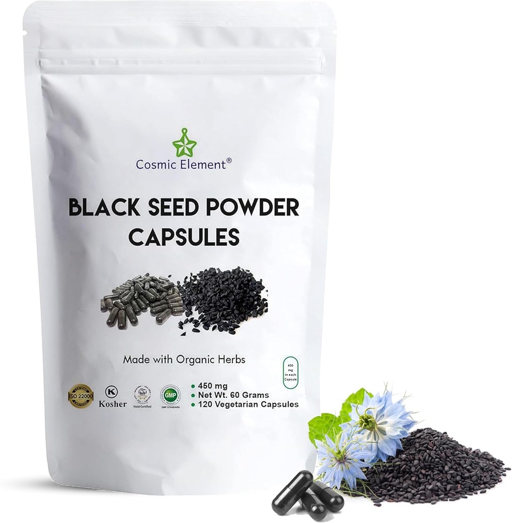 Kosmisk Element 100% Pure Black Seed Powder Kapsler Organic - Vegan Nigella Sativa 450mg Black Cumin Frø per servering for sundhed - 120 Kapsler