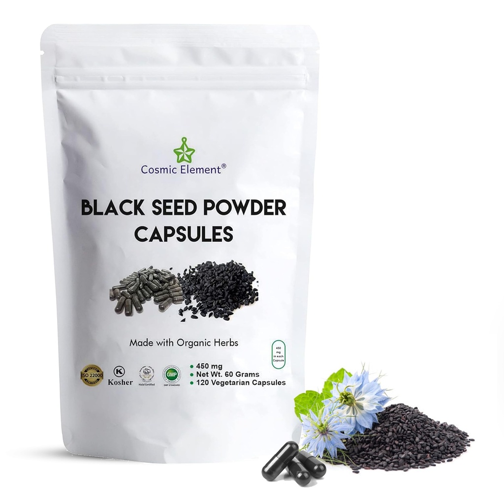 Kosmisk Element 100% Pure Black Seed Powder Kapsler Organic - Vegan Nigella Sativa 450mg Black Cumin Frø per servering for sundhed - 120 Kapsler