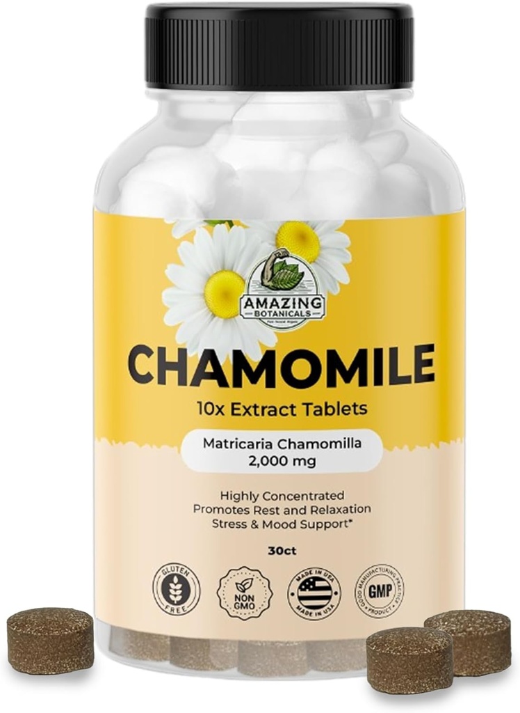 Amazing Botanicals Organic Kamille Extract Tablets - Matricaria Chamomilla Plant- Based Supplement - 10x Extract 2000 MG each - Promoes relaxation - 30 Tablets