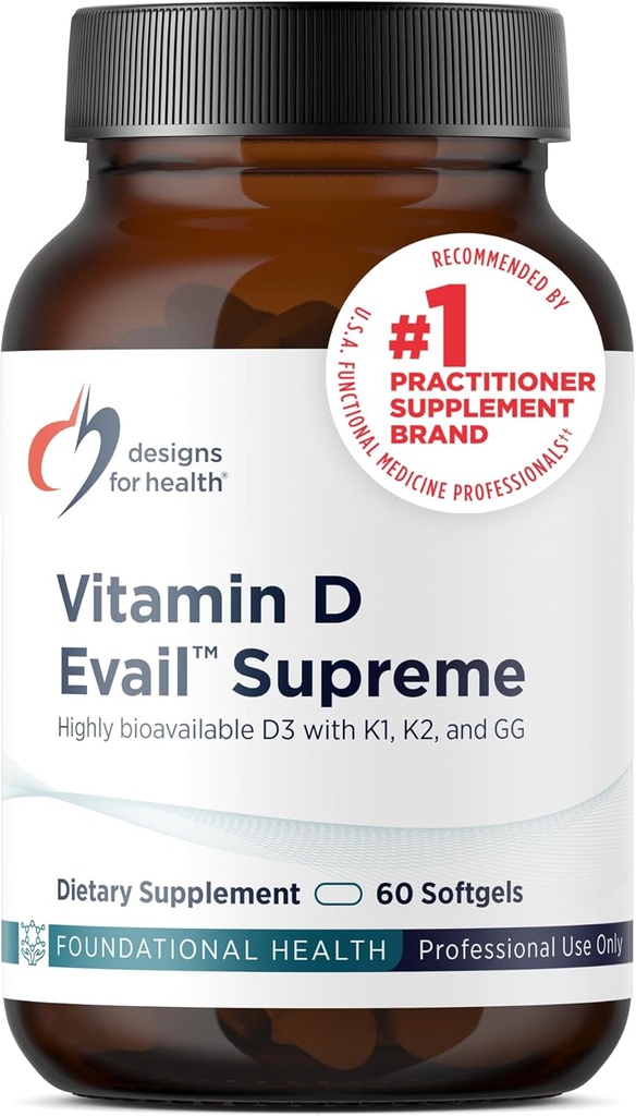 Design for sundhed D- Evail Supreme - 5.000 IE D3- vitamin supplement med VIT K (K1, K2 som MK-4) + GG - Bone, Cardiovaskulær + immunforsvar - Forbedret biotilgængelighed (60 Softgels)