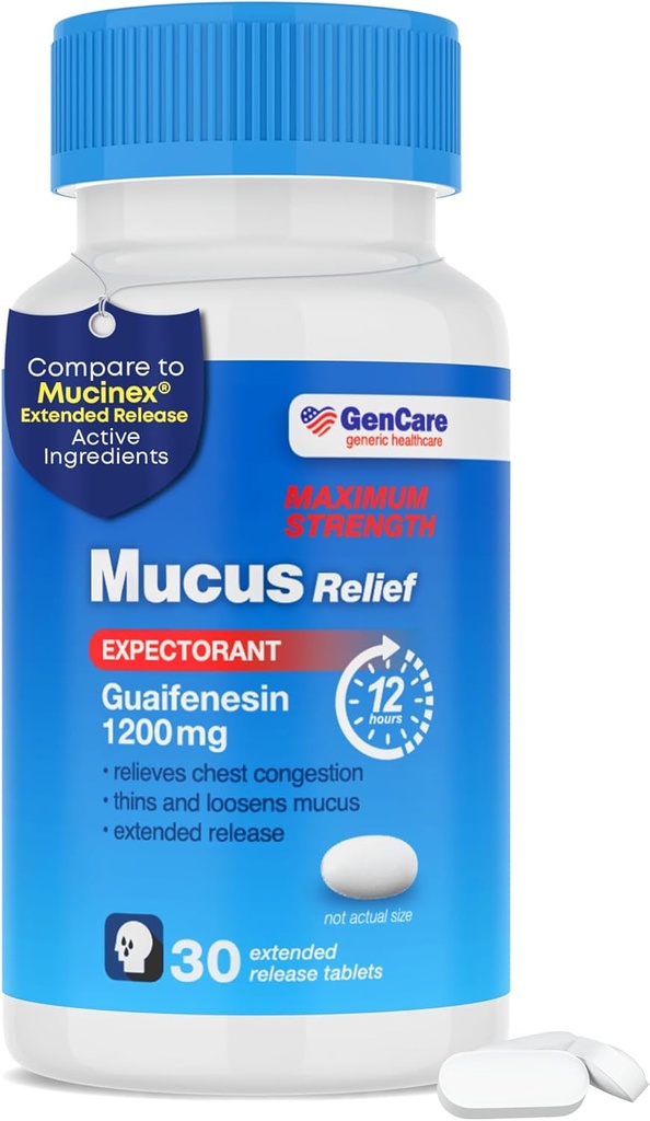 GenCare Mucus Relief 1200 mg maksimal styrke (30 greve) 1200mg Guaifenesin Extended- release Tablets - Expectorant for Chest Congestion Relief for voksne - Sammenlign med maksimal styrke 12 timer