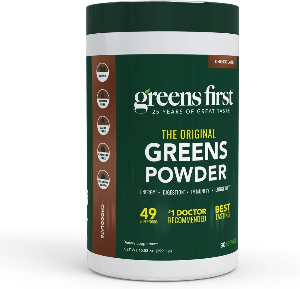 Green First Original Green Powder - 49 Superfoods - Organic Fruits & Veggies - Prebiotika, Probiotika & fordøjelsesenzymer - Antioxidant Smoothie - Dairy Free, Vegan, Non- GMO (Chokolade, 30 Servere)