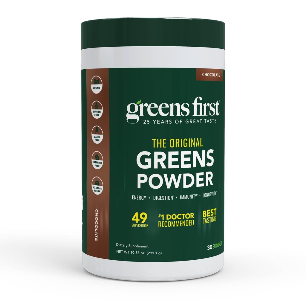 Green First Original Green Powder - 49 Superfoods - Organic Fruits & Veggies - Prebiotika, Probiotika & fordøjelsesenzymer - Antioxidant Smoothie - Dairy Free, Vegan, Non- GMO (Chokolade, 30 Servere)